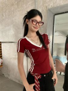 Áo Thun Cotton Tay Ngắn Cổ Chữ V Màu Đỏ Sọc Phong Cách Hàn Quốc Cho Nữ Mùa Hè Áo Thun Bó Sát Vai Cân Đối Đa Năng Đi Làm