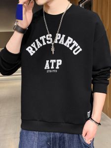 ROMON | Loose Fit Mens Hoodie Long Sleeve Round Neck Printed Casual Fashion Urban Style Cotton Polyester Blend Basic Style T-shirt