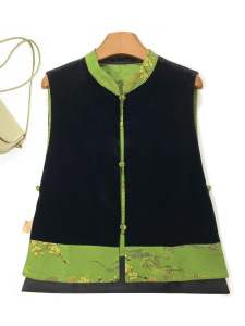 Double-Sided Wear Velvet Jacket Chinese Style Stand Collar Side Slit Button-Up Womens Vest Outerwear Retro New Style