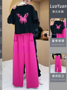 Bộ Đồ Hai Mảnh Mùa Hè Cho Nữ Tay Ngắn Cổ Tròn Quần Ống Rộng Màu Hồng Có Nơ Bướm Đính Kim Cương Phong Cách Công Sở