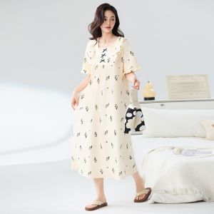 Miiow | Pure Cotton Sleep Dress Womens Style 2025 New Summer Short Sleeve Long Dress Plus Size Sleepwear Can Be Worn Outside Home Clothes