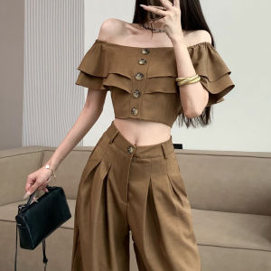 เซ็กซี่ ฤดูร้อน Fashionset ผู้หญิง ไหล่เดียวสั้น เสื้อท่อนบน สูง เอว ขากว้างตรง กางเกง สองชิ้น ชุดสูท น้องสาวความรู้สึก