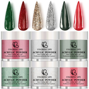 ชุดผงอะคริลิคสำหรับทำเล็บคริสต์มาส 6/8 สี พร้อมผงคริสตัลสีแดง เขียว เงิน 3 in 1 สำหรับต่อเล็บ/จุ่มเล็บ/แกะสลัก