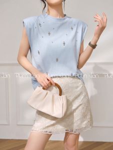 PlumJan | Elegant French Summer Blue Sleeveless Top with Beads and Mandarin Collar