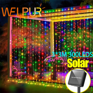 300 LED Solar Outdoor Curtain Light 8 Lighting Modes For Eaves Garden Party Wedding Wall Christmas Decoration Fairy String Light