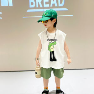 Boys Cartoon Vest Set Summer New Style Children Casual Sleeveless Two-Piece Baby Casual Clothes Trendy Love Expression Scene