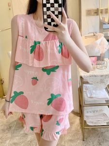 ฤดูร้อน ชุดนอน ชุด ผู้หญิง ลำลอง หลวม บาง แขนกุด ผ้าฝ้าย ผ้าไหม ชุดนอนพร้อมลายดอกไม้พืชพิมพ์ชุดอยู่บ้านสบาย