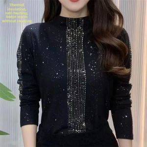 Warm Thickened Half High Collar Womens T-shirt Slimming Top Glitter Drill Commute Style Korean Version Long Sleeve Winter T-shirt