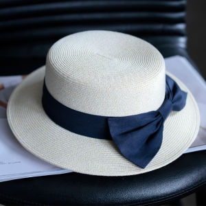 Summer Beach Vacation Straw Hat Womens Fashionable Butterfly Knot Flat Brim French Style Sun Protection Cap Casual Spring Autumn