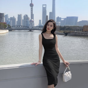 ชุดเดรสสีชมพูม่วง ชุดสองชิ้น เดรสยาวทรงเอเอวสูง แขนกุด คอวี ชุดทำงานสไตล์เกาหลี ชุดเดรสยาวปานกลาง