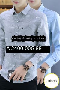 เสื้อเชิ้ตผู้ชายทรงสลิมฟิต แขนยาว ลายสก็อต ทรงลำลอง แฟชั่นฤดูใบไม้ผลิและฤดูใบไม้ร่วง กระเป๋าเสื้อเชิ้ต ผ้าฝ้ายผสมโพลีเอสเตอร์