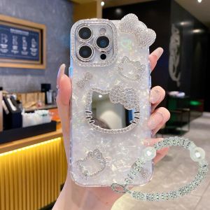 【New】Self-contained Diamond Lens Film 3D Bowknot Multiple Diamond Kitty Mirror Pattern IMD Phone Case with Bracelet For iPhone 11 12 13 14 15 16 17 Series