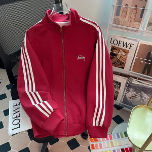 เสื้อแจ็คเก็ตฮู้ดซิปหลวมๆ สีแดง สำหรับผู้หญิง ฤดูใบไม้ผลิ 2024 เสื้อคลุมกันหนาวสไตล์เกาหลี ปกติ แขนยาว ปกติ