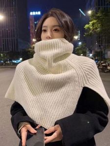 ผ้าพันคอไหมนิตถักสไตล์เกาหลีสำหรับผู้หญิงในฤดูหนาว ผ้าคลุมไหล่ปลอมคอปกป้องคอ อบอุ่น เสื้อคลุมยาวคลุมไหล่ แฟชั่นผู้หญิง