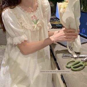 Summer Short Sleeve Pure Cotton Womens Nightgown Princess Style Sweet Home Clothes Sleepwear Comfortable Breathable Cotton
