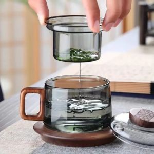 200ml Tea Infuser Cup Heat Resistant Glass Teacup with Filter and Wood Handle Coaster Office Tea Separation Mug Kung Fu Tea Set