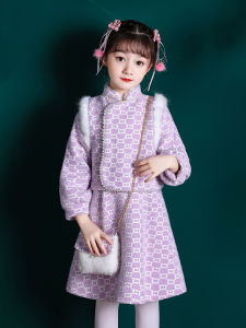 Thickened Purple Qipao Dress Childrens Chinese Style New Year Visiting Outfit Girls Hanfu Set Winter Season Polyester Fiber