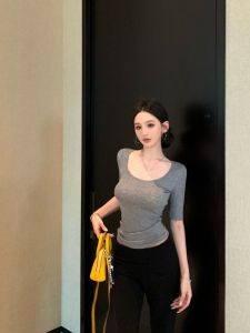 Choco Girl American Grey U-Neck Slim Fit Short Sleeve T-Shirt Women Summer Casual Thin Folded Belly Top Korean Style Commute