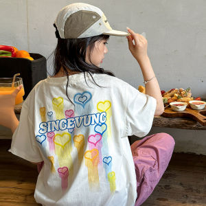 Áo Thun Cotton Tay Ngắn Cổ Tròn in Hình Trái Tim Thời Trang Mùa Hè Cho Bé Gái Dài Vừa Phải Thương Hiệu Không Có Số Hiệu