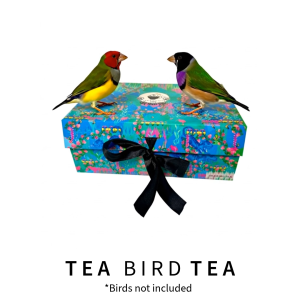 Tea Bird Tea Earl Grey tin canister with floral design and striped lid.
