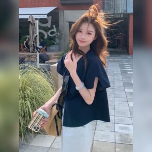 YUFUQING | Korean Style Loose Fit Short Sleeve V-Neck Shirt Womens Summer New Fashion Unique Beautiful Dark Blue Top Commute Style Polyester Fiber