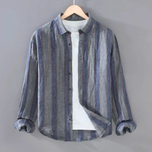 เสื้อเชิ้ตผู้ชายผ้าลินินฤดูร้อน แขนยาว ลายทาง ทรงหลวม ระบายอากาศได้ดี ทรงหลวม แขนยาว ปกติ กระดุม