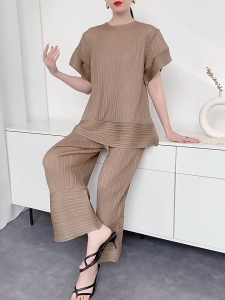 KESHANGYI Summer Pleated Top Miyake New Women Comfortable Casual Patchwork T-Shirt Loose-Fit Fashionable Versatile Straight-Leg Pants