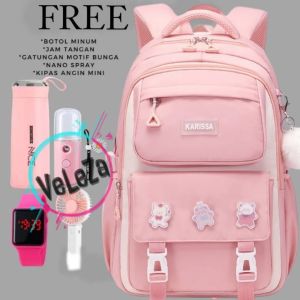 Tas sekolah anak perempuan remaja SD SMP tas ransel model Karissa gratis botol minum jam tangan nano spray kipas angin mini dan gantungan tas bunga tas ransel