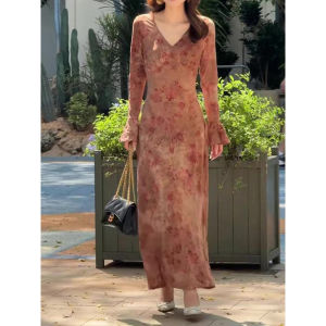 Chinese Style Vintage Print Long Dress Womens Fashionable Slimming Fish Tail Skirt High Waist Regular Sleeve H Version Dress