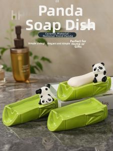 Cute Panda Soap Dish Ceramic Bathroom Decorative Ornament Anti-Water Accumulation Soap Holder Gift Creative Desktop Decoration