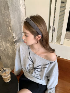 [Peach Tea] Textured Gray Gray Polka Dot Headband Female 2024 New Arrival High Skull Top Width Hair Clip Headdress