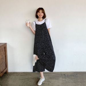 ชุดเดรสลายจุดสองชิ้นสำหรับผู้หญิงไซส์ใหญ่ในฤดูร้อน ชุดเดรสยาวคลุมท้อง กางเกงขายาว 9 ฟุต เอวสูง ชุดเดรสยาวคลุมท้อง