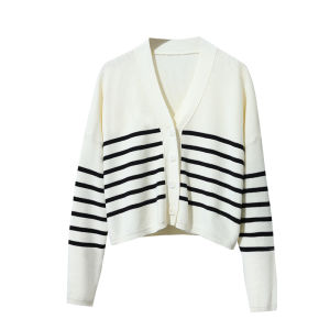 AMII | Autumn Casual V-Neck Color Block Cotton Wool Blend Cardigan