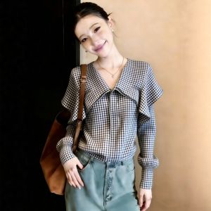 Vintage Plaid Long Sleeve Slimming Shirt for Big Size Women