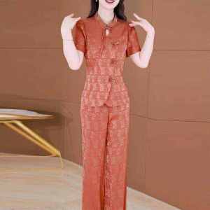 New Chinese Style Two-Piece Set for Women 2025 Summer Fashion Midlife Mom Suit Polyester Fiber Short Sleeve round Neck Button Closure