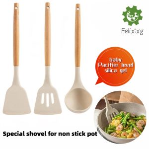 silicone kitchenware set with short wooden handle non stick pot spoon spatula food clip scraper oil brush creamy white