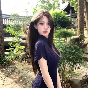 DSF Studio new Chinese womens clothing improved cheongsam dress Hepburn style temperament chic national style navy blue dress childrens summer