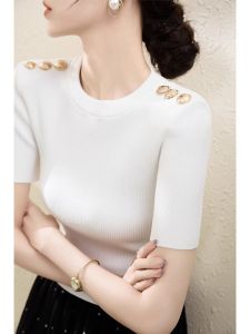 Thin Elegant Figure-Shaping Black Short-Sleeved Knit Top Summer Female