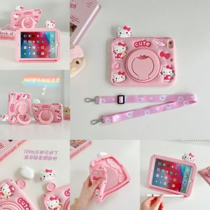 For Apple iPad Pro Air 11 M2 M4 A16 11th 10th 9th 8th 7th 6th 5th Air Pro 3rd 4th 10.9" 10.2" 9.7" 10.5" 11.0" Mini 1 2 3 4 5 6 7 A17Pro Tablet Cute Cartoon Cat Silicone Handle Expansion Bracket Case Cover Pen Slot