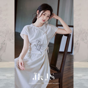 JK＆JS | Tencel Cotton Linen Embroidery Qipao Dress Summer New Style Waisted Long Dress