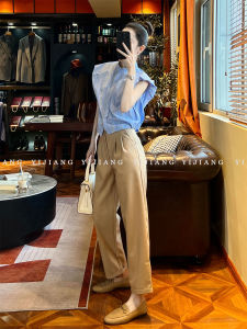 Slimming High Waist Khaki Harlan Pants Nine Points Casual Trousers for Women Stylish Simple Design Commute OL Style Polyester Fiber