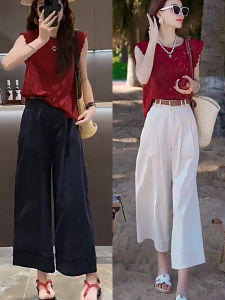 Bộ Váy Mùa Hè Dài Rộng Thoải Mái Quần Ống Rộng Quần Dài Chín Điểm Áo Không Tay Ren Viền Trang Phục Hai Mảnh Phong Cách Ngọt Ngào Dáng Rộng