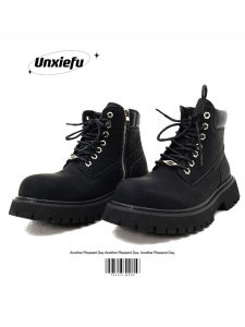 New 2025 Mens Work Boots Thick Bottom Heightening Yellow Black Martin Boots Outdoor Versatile Trendy Flat Substitute Head Layer Cowhide