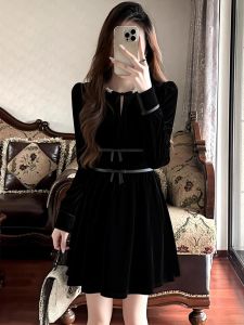 Elegant Velvet Dress for Women High Waist KTV Costume Long Sleeve Formal Occasion Party Gown Sophisticated Small Stature