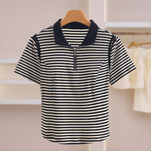 Hollow Lace-up Half-Zip Casual Stripe T-Shirt