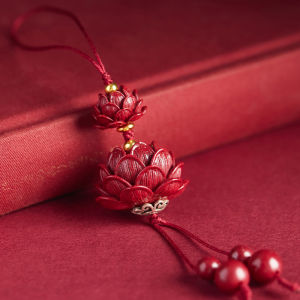 Natural Cinnabar Lotus Car Pendant Keychain Lucky Chinese Style Phone Chain for Handbag Accessory