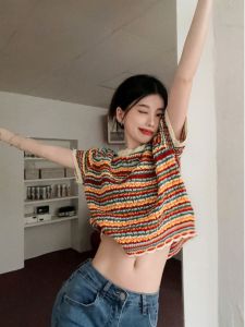 Spicy Girl Rainbow Short Sleeve Knitted T-Shirt Womens Summer Slim Fit Short Style Belly Show Design Sense Top