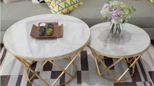 Bàn trà đôi Sofa phòng khách mặt đá tròn chân kim loại sơn tĩnh điện kiểu nan hoa xe đạp sang trọng hiện đại