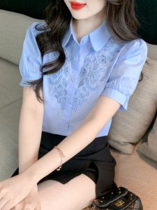 Fashionable Cotton Shirt Ladies Elegant Stand Collar Embroidered New Chinese Style Top Short Sleeve Summer 2025 New Arrival