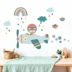 Decal giấy dán tường cho bé phi công nhí du hành bầu trời Có keo sẵn Trang trí phòng ngủgóc học tập